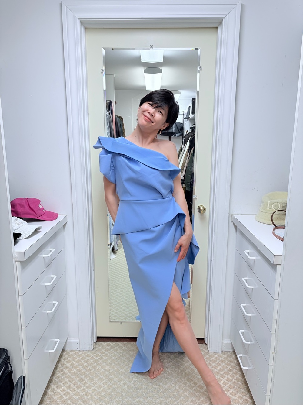 NWOT Rachel Gilbert Blue One-Shoulder Ruffle Midi Dress, Size US 8